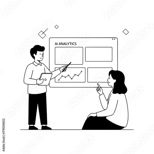 Two attentive professionals discussing progress in an office meeting featuring an AI analytics dashboard highlighting data trends