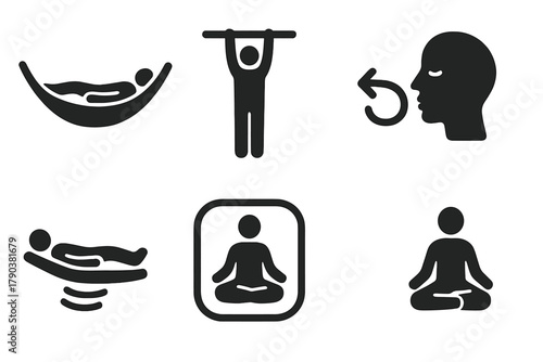 Cool-Down Session Icons. Solid style icons of cool-down sessions: hammock savasana pose, hanging relaxation icon, breath-out loop.