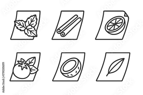 Flavored Wrap Icons. Line style icons of flavored edible wraps: mint sheet, cinnamon layer, lemon wrap, tomato basil wrap, coconut
