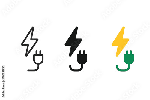 Minimalist Charging Icons. Minimalist fast charging icon: three identical lightning bolt with EV charger icons in a row, first in