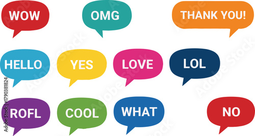 Colorful speech bubbles with popular internet slang words, chat expressions, emoji style design, modern communication, digital message illustration, vector art