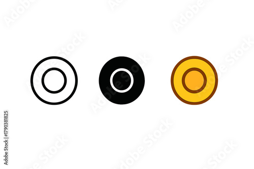 Minimalist Coin Designs. Minimalist coin icon: three identical round coins with a small circle in the center in a row, first in