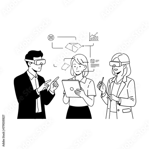 Three diverse professionals engaging with extended reality technology in an office environment displaying digital data for business innovation