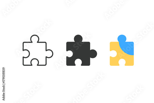 Puzzle Progress Icons. Minimalist completion progress icon: three identical partially completed puzzle icons in a row, first in