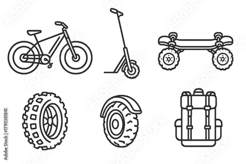 Line Style E-Rides. Line style icons of All-Terrain Micro-Mobility: fat tire e-bike, off-road e-scooter, dual suspension board,