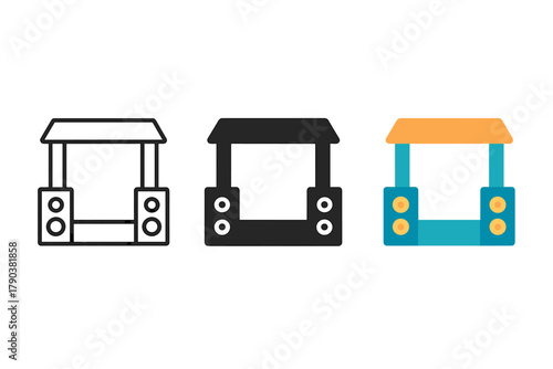 Festival Stage Icons. Minimalist festival stage icon: three identical outdoor stage with speakers icons in a row, first in line