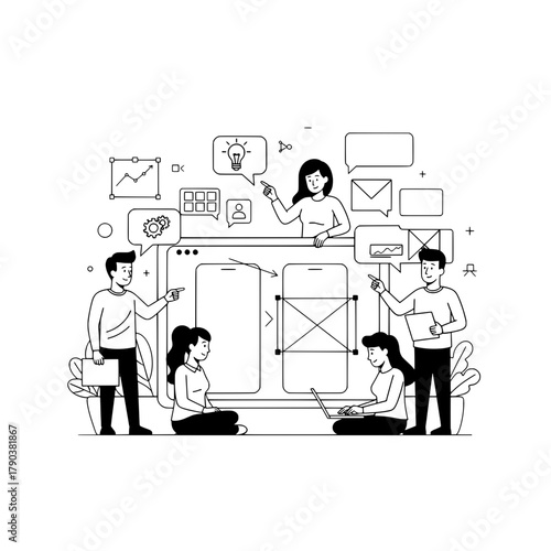 Diverse professional design team collaborating on innovative mobile app user interface development wireframing and prototyping stages in a digital workspace environment