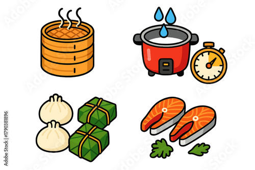 Cooking Technique Icons. Isometric vector illustration set Cooking techniques – bamboo steamer, tiered baskets, steam rising; rice
