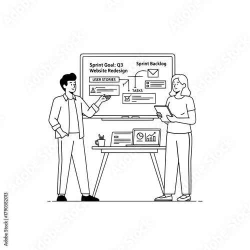 Two focused business professionals plan a website redesign sprint goal at an office meeting with a whiteboard and tablet demonstrating agile project management