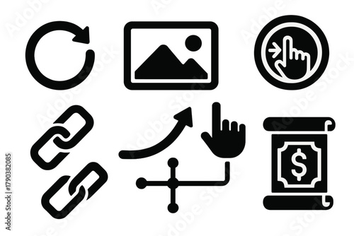 Blockchain Story Icons. Solid style icons of blockchain storytelling gestures: narrative loop icon, tokenized scene panel, motion