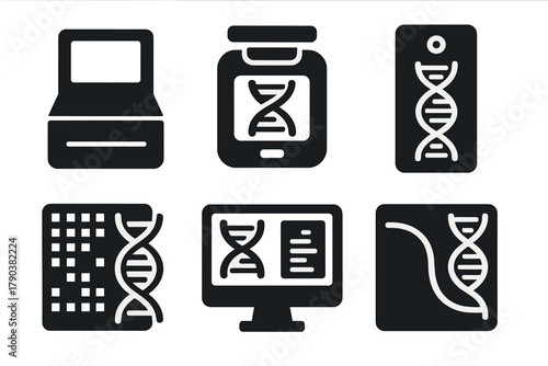 DNA Sequencing Icons. Solid style icons of DNA sequencing and reading: sequencer machine, DNA reader scanner, flow cell icon. Base