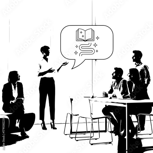 Engaged diverse business professionals discussing creative storytelling concepts in a bright minimalist collaborative modern office workspace highlighting concept development