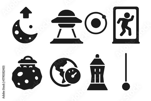 Anti-Gravity Icons. Solid style icons of planetary anti-gravity concepts: moon with upward arrow, Martian lift pad, zero-G orbit
