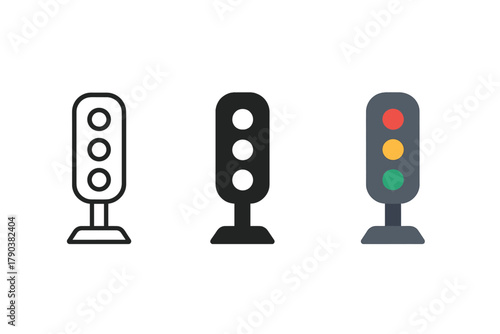 Rail Signal Styles. Minimalist rail signal icon: three identical railway signal lights icons in a row, first in line style with