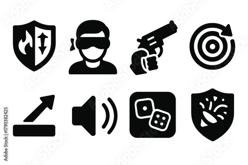 Themed Blindfold Icons. Solid style icons of themed blindfold challenges: fire and ice badge, night mode panel, rapid fire icon.