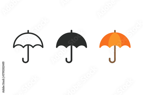 Umbrella Styles Trio. Minimalist umbrella autumn icon: three identical open umbrellas in a row, first in line style with thin