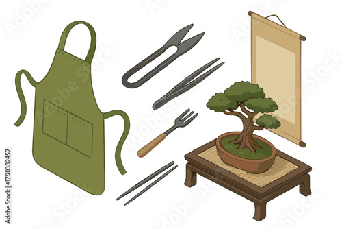 Bonsai Gardening Tools. Isometric vector illustration set of Bonsai gardening: garden apron, fine pruning shears, leaf thinning