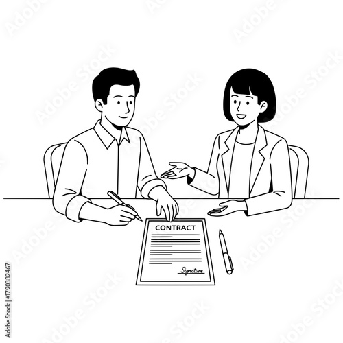 Smiling business professionals discuss terms with a man signing a contract on a desk in an office environment