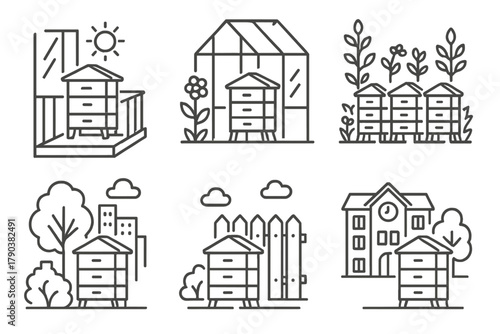 Urban Hive Icons. Line style icons of urban hive locations: balcony hive setup, greenhouse beehive, community garden apiary, hive