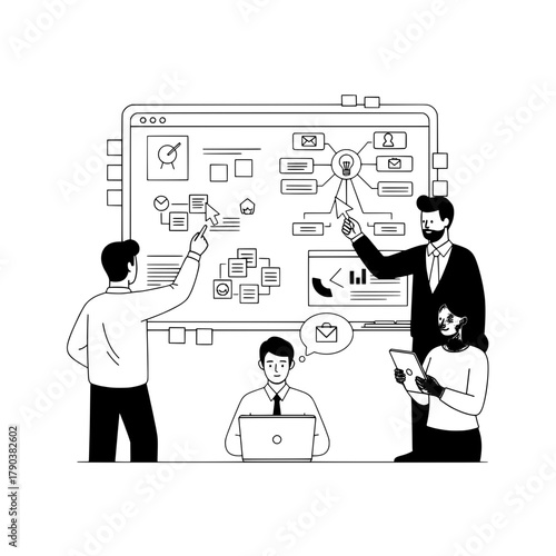 Active business professionals developing digital project strategies on a large interactive screen within a dynamic collaborative office setting