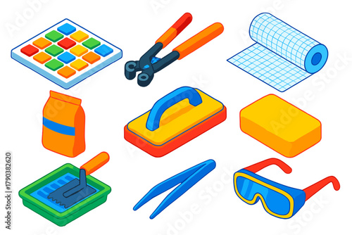 Mosaic Art Tools. Isometric vector illustration set Art supplies – mosaic tiles, tile cutters, mosaic mesh; grout powder, grout