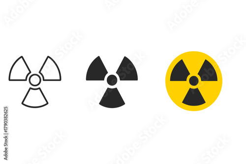 Radiation Symbol Variations. Minimalist nuclear icon: three identical radiation hazard symbols in a row, first in line style with