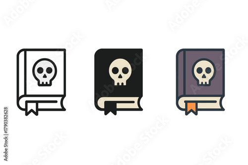 Minimalist Spellbook Trio. Minimalist haunted book icon: three identical spellbook icons in a row, first in line style with thin