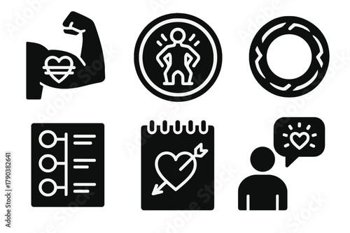 Tattoo Symbolism Icons. Solid style icons of tattoo symbolism: inked arm icon, ancient glyph badge, tribal ring. Personal meaning