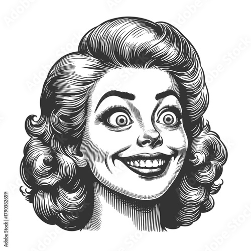 cheerful woman with curly hair and expressive eyes, smiling with excitement and joy sketch engraving generative ai fictional character vector illustration. Scratch board imitation. Black and white.