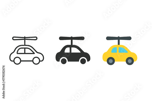 Flying Taxi Icons. Minimalist flying taxi icon: three identical small cars with rotor blades on top in a row, first in line style