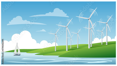 Wind Farm Renewable Energy Landscape Wind Turbines Vector Scene