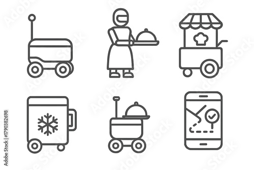Food Delivery Bots. Line style icons of food delivery bots: autonomous delivery robot, indoor serving bot, outdoor food cart bot,