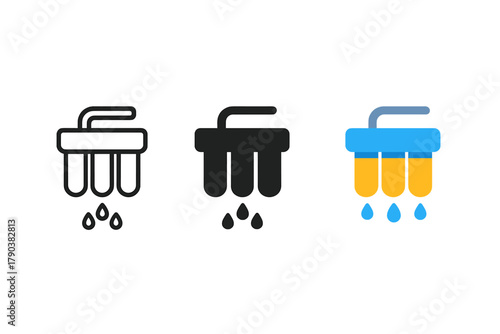 Aquarium Filter Icons. Minimalist water filter icon: three identical aquarium filter icons in a row, first in line style with thin