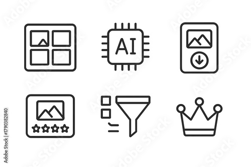 AI Marketplace Icons. Line style icons of AI design marketplaces: art tile preview grid, model marketplace symbol, asset download