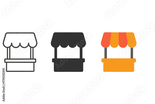 Medieval Market Icons. Minimalist market stall icon: three identical medieval market stall icons in a row, first in line style
