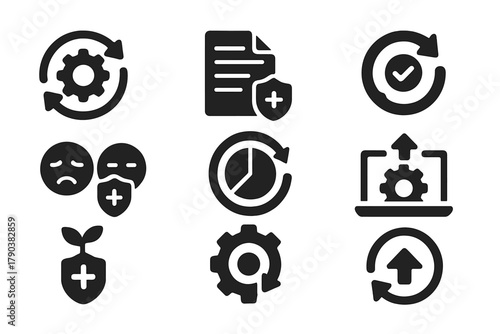 System Upgrade Icons. Solid style icons of system upgrade through feedback: feedback loop gear, system log to patch icon, looped