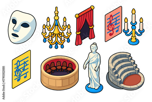 Isometric Opera Icons. Isometric vector illustration set Musical genres – operatic mask, grand chandelier, velvet curtain; soprano
