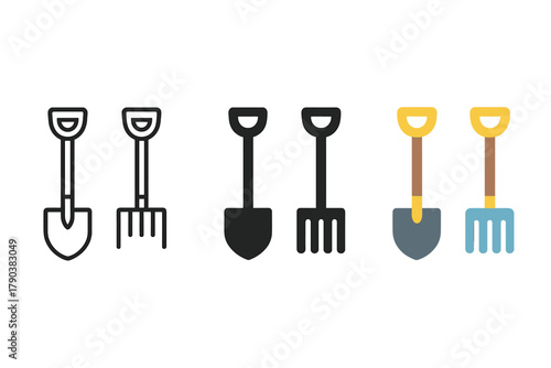 Minimalist Garden Tools Icons. Minimalist garden tools icon: three identical spade and rake icons in a row, first in line style