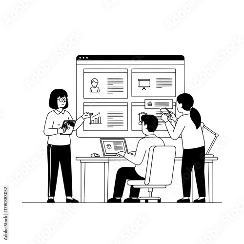 Tech professionals collaborating on digital content review in a modern office setup with a large interactive display for data and web design