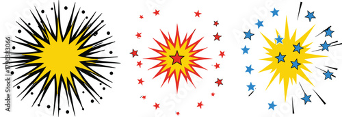 Colorful comic explosion burst set, pop art explosion effect, cartoon starburst illustration, vibrant blast design for graphic elements