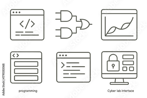 Computer Science Icons. Line style icons of computer science virtual labs: code simulation window, logic gate builder, algorithm