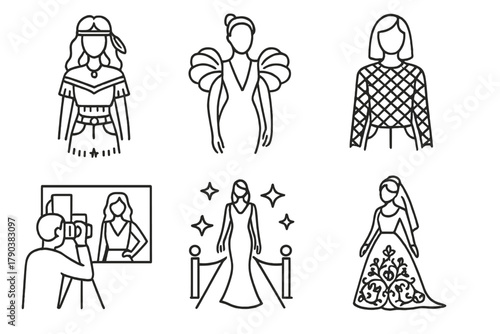 Fashion Icon Sketches. Line style icons of real-world applications: festival outfit sketch, fashion showpiece, daily wearable mesh
