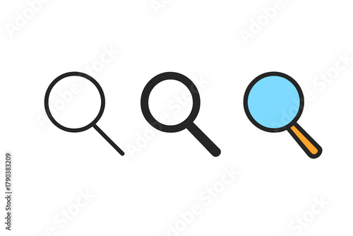 Stylish Magnifying Icons. Minimalist magnifying glass icon: three identical magnifying glasses in a row, first in line style with