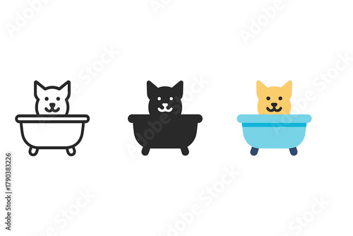 Pet Bath Tub Icons. Minimalist bath tub icon: three identical pet bath tubs icons in a row, first in line style with thin outline,