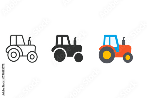 Minimalist Tractor Icons. Minimalist tractor icon: three identical tractor icons in a row, first in line style with thin outline,