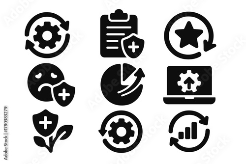 System Upgrade Icons. Solid style icons of system upgrade through feedback: feedback loop gear, system log to patch icon, looped