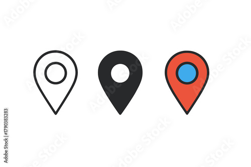 Stylish Location Pins. Minimalist map pin icon: three identical location pins in a row, first in line style with thin outline,