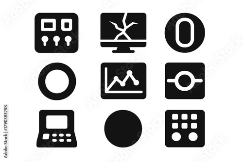 Forgotten Control Icons. Solid style icons of forgotten control centers: rusted panel glyph, screen crack icon, switch badge.