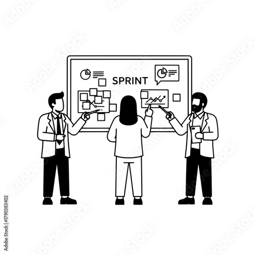 Diverse business professionals collaborating on agile sprint project planning visualized on a whiteboard in a modern office environment