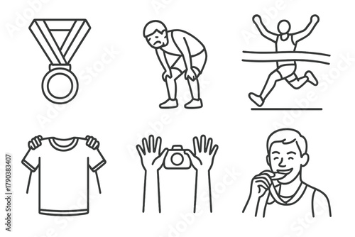 OCR Celebration Icons. Line style icons of OCR finishing celebration: medal award moment, exhausted happy runner, jump across